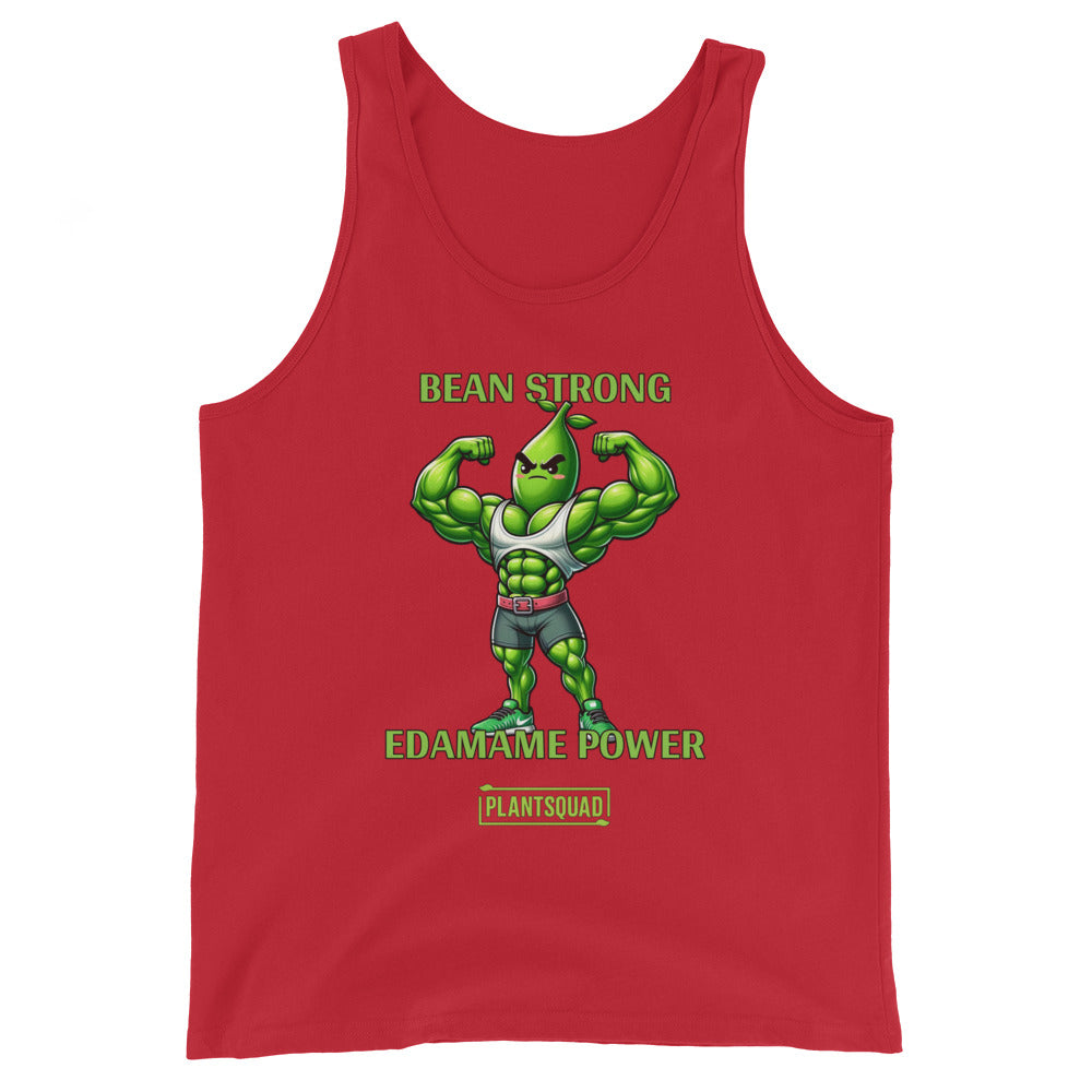 A black Plantsquad Edamame "Bean Strong Edamame Power" - Unisex Tank Top featuring an illustration of an anthropomorphic edamame bean flexing its arm muscles, perfect for gym enthusiasts. Above it in green text, it says "BEAN STRONG," and below it, "EDAMAME POWER." At the bottom, there is a green logo with the text "PLANTSQUAD." Embrace the vegan lifestyle!