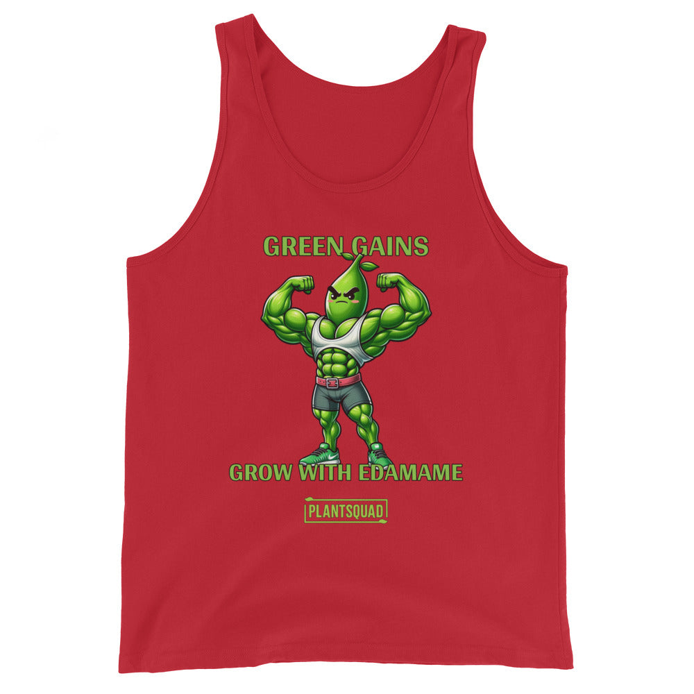 A black tank top showcases a muscly edamame bean character flexing, with the text "GREEN GAINS GROW WITH EDAMAME" above and below it, perfect for those embracing a plant-based lifestyle. Plantsquad Edamame "Green Gains Grow With Edamame" - Unisex Tank Top is marked at the bottom on a yellow tag.