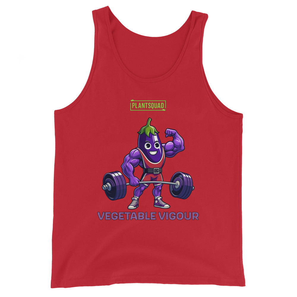 Black vegan tank top featuring a muscular, purple cartoon eggplant character lifting heavy barbells. The eggplant is smiling and flexing one arm. Perfect for gym enthusiasts with a plant-based lifestyle, this top has "PLANT SQUAD" above the character and "VEGETABLE VIGOUR" below in bold text. Introducing the Plantsquad Eggplant "Vegetable Vigour" - Unisex Tank Top.