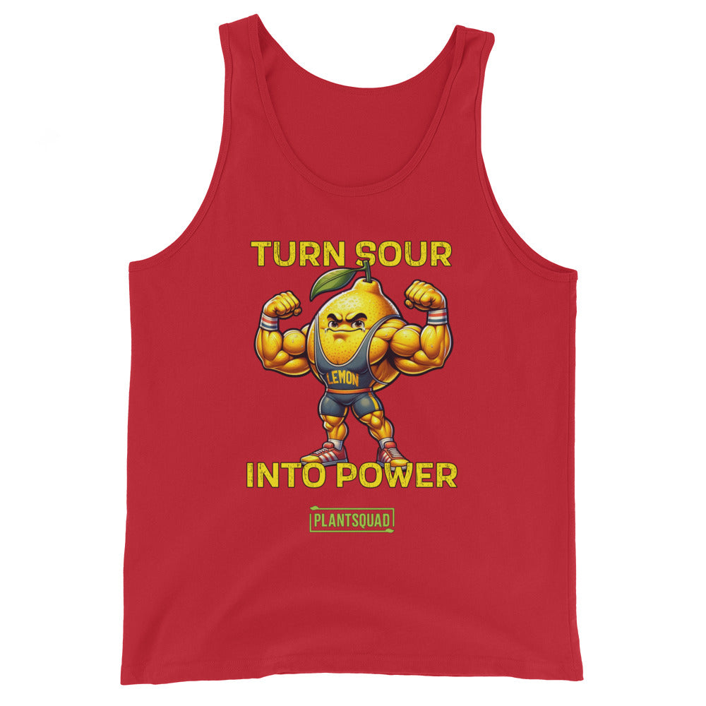 Black tank top with a muscular cartoon lemon flexing its arms. The lemon has a leaf on its head and is wearing a blue singlet labeled "LEMON." The text reads: "TURN SOUR INTO POWER," with a logo at the bottom reading "PLANTSQUAD." Perfect breathable workout tank for your plant-based lifestyle. Introducing the Plantsquad Lemon "Turn Sour Into Power" - Unisex Tank Top.