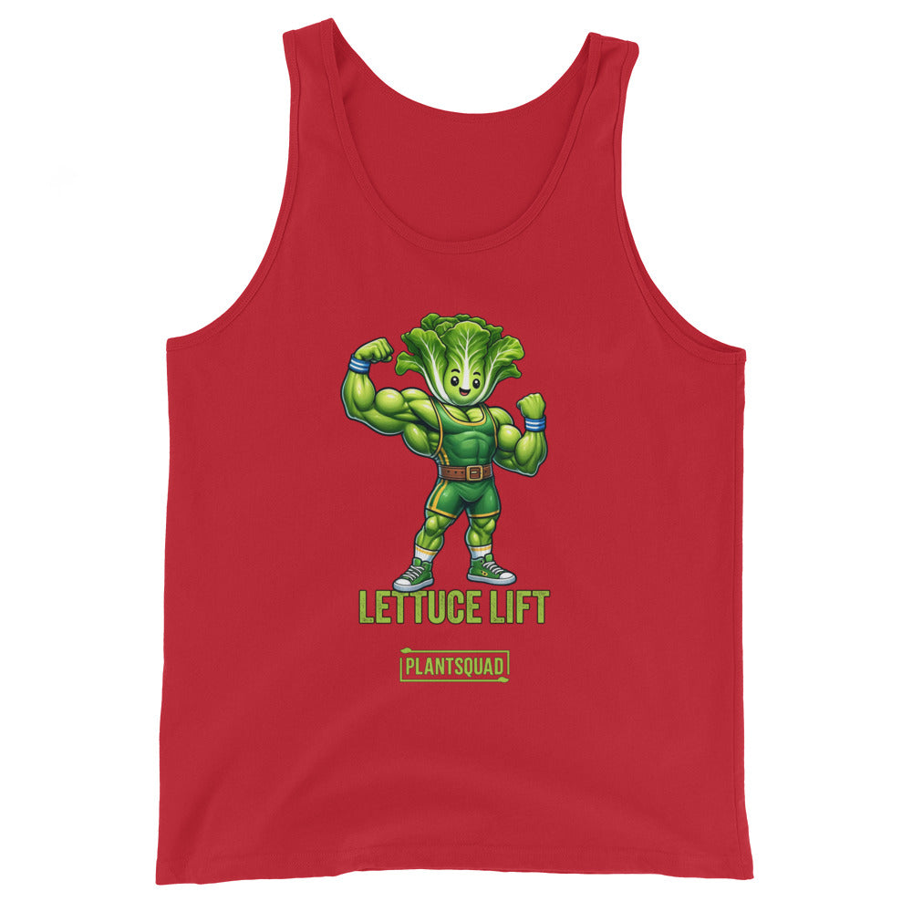 A Plantsquad Lettuce "Lettuce Lift" - Unisex Tank Top featuring a muscular cartoon lettuce character flexing its arms. Below the character, the text reads "LETTUCE LIFT" and "PLANTSQUAD" in green letters, perfect for showcasing your plant-based lifestyle and dedication to vegan gym apparel.