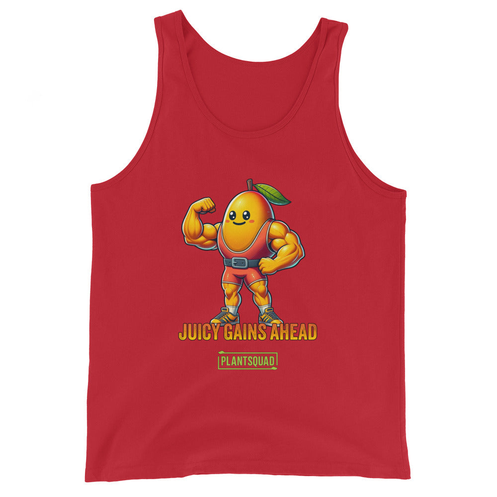 A black tank top crafted from breathable fabric, featuring a muscular, anthropomorphized mango with a leaf on its head, flexing its biceps. Below the mango, the text reads "JUICY GAINS AHEAD" in bold orange letters, with "PLANTSQUAD" written within a green box underneath—perfect for gym enthusiasts living a plant-based lifestyle. This is the Plantsquad Mango "Juicy Gains Ahead" - Unisex Tank Top.