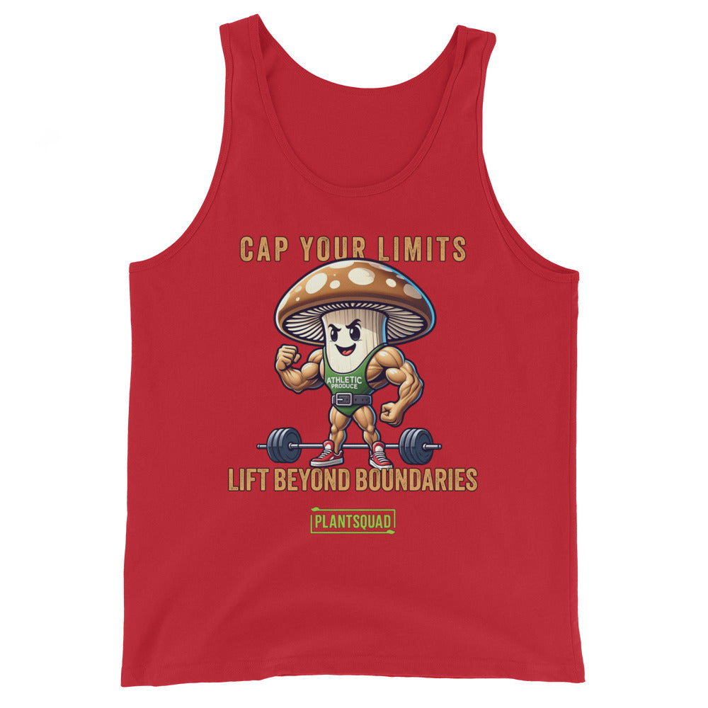 A Plantsquad Mushroom "Cap Your Limits Lift Beyond Boundaries" - Unisex Tank Top featuring a muscly mushroom design, lifting a barbell. The text reads, "CAP YOUR LIMITS LIFT BEYOND BOUNDARIES" at the top and "PLANTSQUAD" at the bottom. The vegan lifestyle-inspired mushroom wears a green shirt labeled "ATHLETIC.