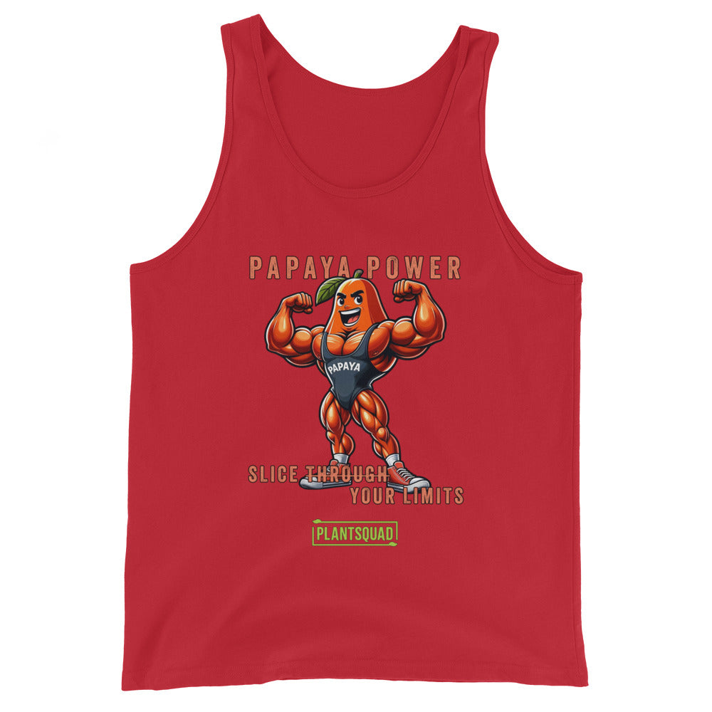 A Plantsquad Papaya "Papaya Power Slice Through Your Limits" - Unisex Tank Top featuring an illustration of a muscular papaya fruit character wearing gym attire, flexing its arms. The text reads "PAPAYA POWER" at the top, "SLICE THROUGH YOUR LIMITS" in the middle, and "PLANTSQUAD" at the bottom – perfect for those embracing a vegan lifestyle.