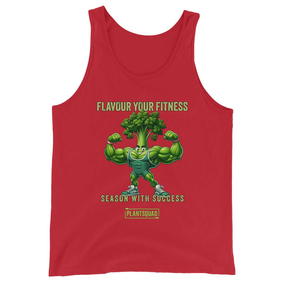 A black Plantsquad Parsley "Flavour Your Fitness Season With Success" - Unisex Tank Top featuring a cartoon image of a muscular broccoli flexing its arms. Above the broccoli, the text reads "FLAVOUR YOUR FITNESS" and below, it states "SEASON WITH SUCCESS." At the bottom, the text "PLANTSQUAD" is displayed. Perfect for your plant-based lifestyle or vegan gym wear collection.