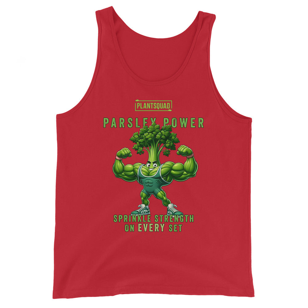 A black tank top features an illustration of a muscular anthropomorphic parsley plant flexing its biceps. Above the character, text reads "PLANTSQUAD PARSLEY POWER," and below it, the text says "SPRINKLE STRENGTH ON EVERY SET." Perfect for gym enthusiasts embracing a plant-based lifestyle, the Plantsquad Parsley "Parsley Power Sprinkle Strength On Every Set" - Unisex Tank Top is a must-have.