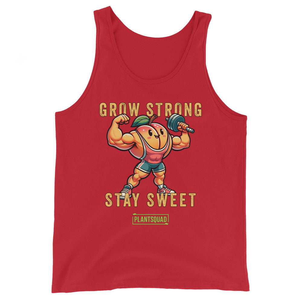 A black vegan workout tank top featuring an illustration of a muscular, happy anthropomorphic pumpkin lifting a dumbbell. The text above and below the pumpkin reads "Grow Strong Stay Sweet," with a green box at the bottom containing "PlantSquad." Perfect for showcasing your plant-based lifestyle! Introducing the Plantsquad Peach "Grow Strong Stay Sweet" - Unisex Tank Top.