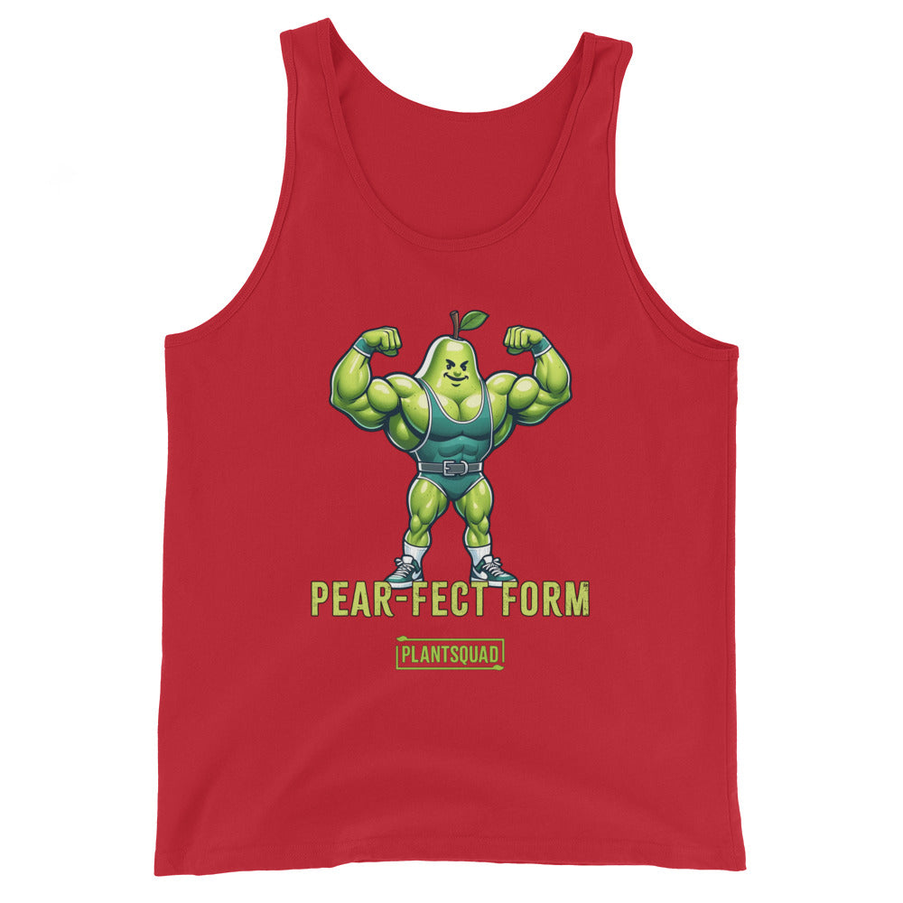 A Plantsquad Pear "Pear-fect Form" - Unisex Tank Top featuring a muscly pear cartoon flexing its arms. The text below the pear reads "PEAR-FECT FORM" with a small "PLANTSQUAD" logo underneath, making it perfect for gym enthusiasts embracing a plant-based lifestyle.