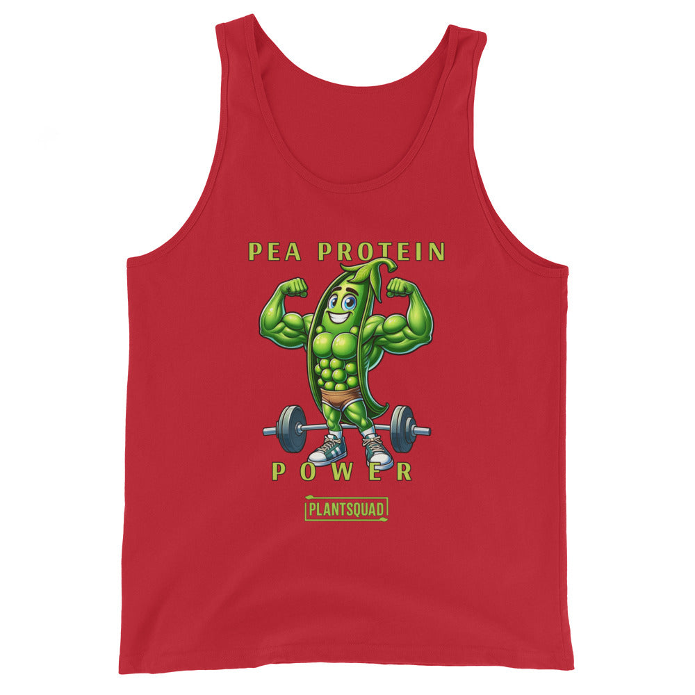 A black vegan workout tank, the Plantsquad Peas "Pea Protein Power" - Unisex Tank Top, features a muscular, anthropomorphic green pea flexing its biceps with a barbell on the ground behind it. Text above reads "Pea Protein Power" and below, "PlantSquad." The design promotes plant-based fitness.