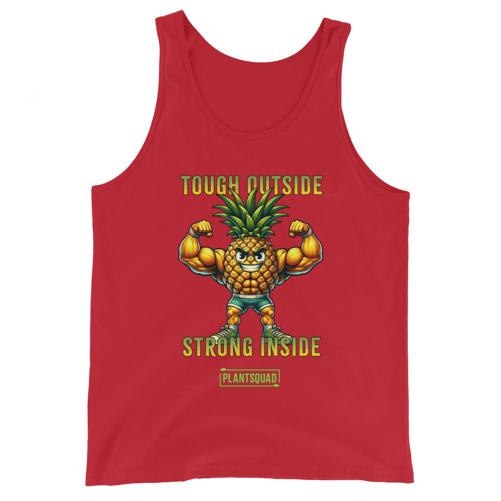 A black gym tank top features a muscular cartoon pineapple flexing its biceps and wearing a confident expression. Above the pineapple, the text reads "TOUGH OUTSIDE," and below it, "STRONG INSIDE." The bottom text says "PLANTSQUAD" enclosed within a green box. Perfect for a plant-based lifestyle! This is the Plantsquad Pineapple "Tough Outside Strong Inside" - Unisex Tank Top.