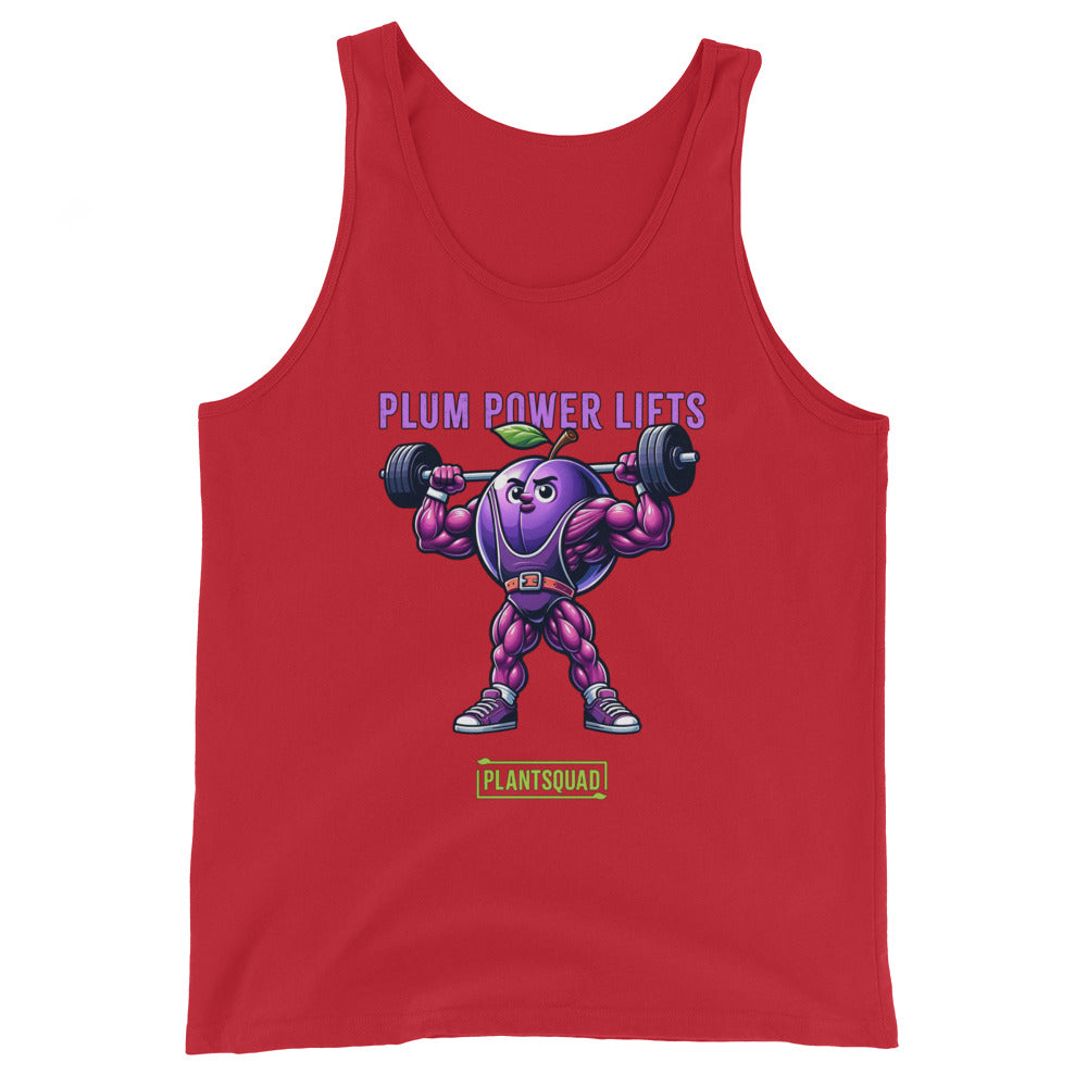 A black Plantsquad Plum "Plum Power Lifts" - Unisex Tank Top featuring a muscular cartoon plum lifting barbells. The text "PLUM POWER LIFTS" is displayed above the plum, and "PLANTSQUAD" is written at the bottom in green and white. Perfect for gym enthusiasts embracing a vegan lifestyle.