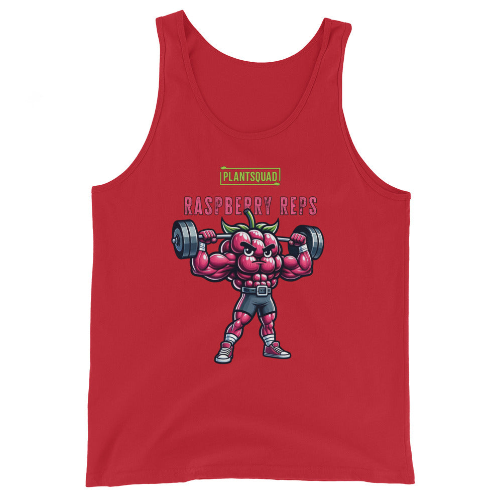 A black Plantsquad Raspberry "Raspberry Reps" - Unisex Tank Top featuring a muscly raspberry character lifting barbells. The character has muscular arms and legs, and is wearing shorts. Above it are the words "PLANTSQUAD" and "Raspberry Reps" in stylized fonts, perfect for fans of vegan fitness apparel.