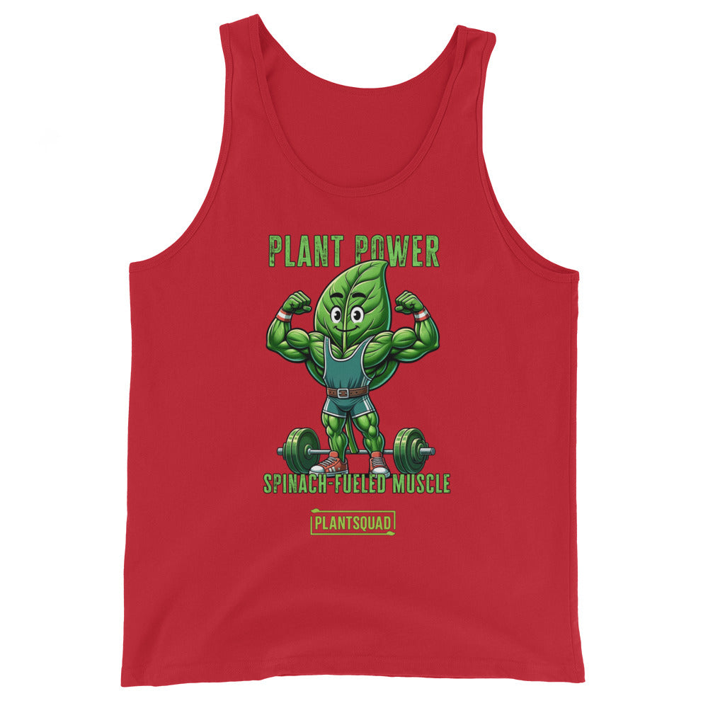 A Plantsquad Spinach "Plant Power Spinach Fueled Muscle" - Unisex Tank Top features a strong cartoon spinach character lifting weights. The text above the character reads "Plant Power," while below it says "Spinach-Fueled Muscle" and "Plantsquad Fitness Apparel." The design promotes a plant-based workout and strength.