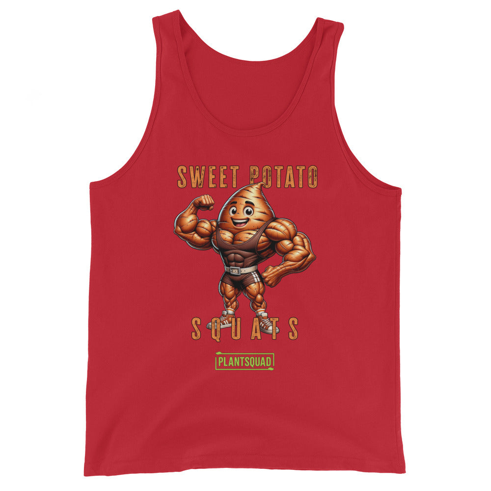 The Plantsquad Sweet Potato "Sweet Potato Squats" - Unisex Tank Top is a black vegan gym tank top featuring an illustration of a muscular anthropomorphic sweet potato flexing its arms. Above it, the text says "Sweet Potato Squats" and below it, a small green banner says "PlantSquad." Perfect for showcasing your plant-based lifestyle at the gym!