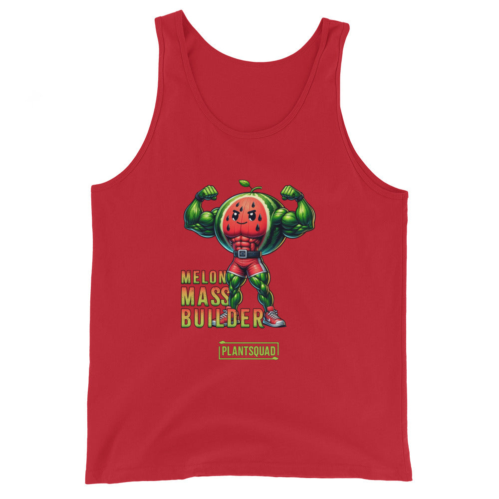 A Plantsquad Watermelon "Melon Mass Builder" - Unisex Tank Top featuring a graphic of a muscular watermelon character flexing its biceps. The text "Melon Mass Builder" and "Plant Squad" are displayed in stylized fonts near the character, making it an ideal piece of plant based workout apparel.