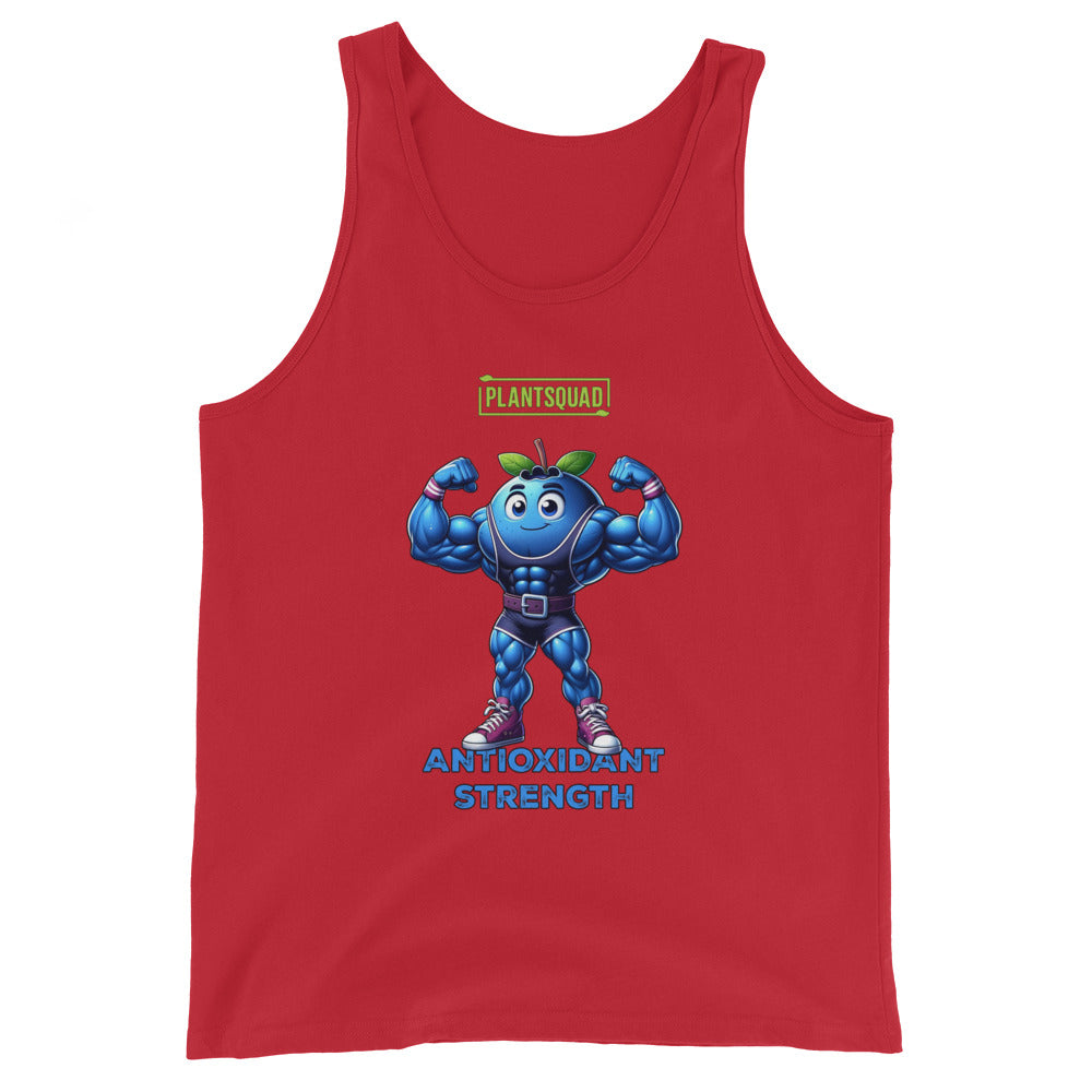 A black **Plantsquad Blueberry "Antioxidant Strength" - Unisex Tank Top** featuring a muscly blueberry cartoon flexing its arms. Above the blueberry, the word "Plantsquad" is displayed in a green box. Below the character, the words "Antioxidant Strength" are written in blue. Perfect for embracing a vegan lifestyle with premium breathable fabric for ultimate comfort.