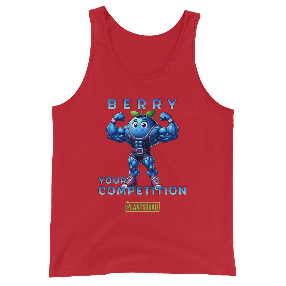 The Plantsquad Blueberry "Berry Your Competition" - Unisex Tank Top for gym enthusiasts features a muscular cartoon blueberry character flexing its arms. Above the character, text reads "BERRY," and below the character, text reads "YOUR COMPETITION." Made from breathable fabric, it also includes a green and yellow "PLANTSQUAD" logo at the bottom.