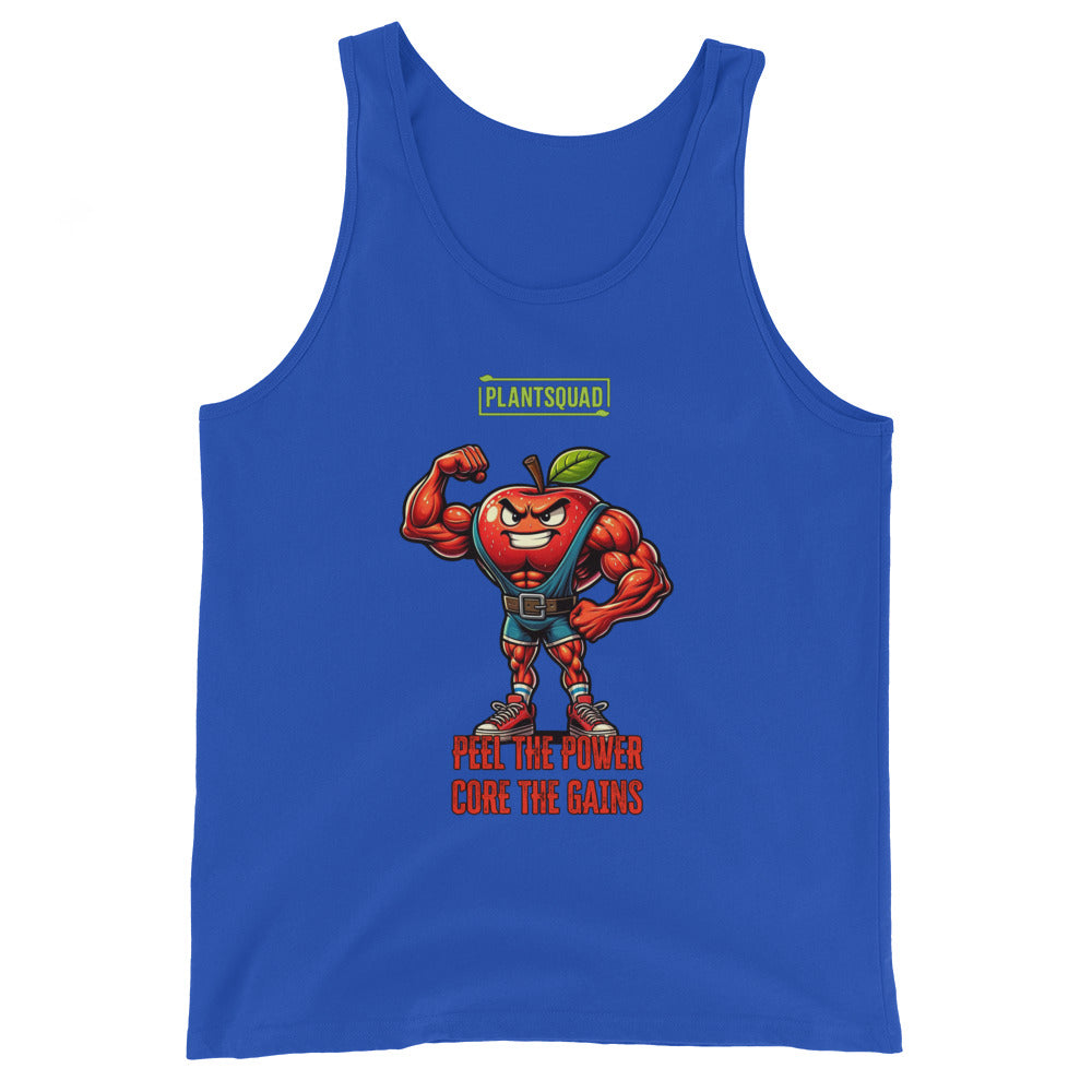 The Plantsquad Apple "Peel The Power Core The Gains" - Unisex Tank Top features a muscular anthropomorphic red apple character flexing its arm. Above it, the text reads "PLANTSQUAD," and below, "PEEL THE POWER, CORE THE GAINS" in bold letters. The apple character wears a weightlifting belt and sneakers, making it perfect for gym enthusiasts who prefer breathable fabric and a vegan lifestyle.