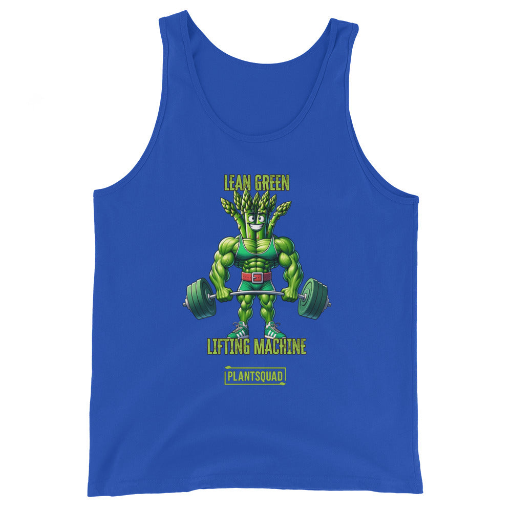 A black vegan Plantsquad Asparagus "Lean Green Lifting Machine" - Unisex Tank Top featuring an illustration of a muscular, green plant-like character lifting a barbell with heavy weights. Above the character is the text "Lean Green Lifting Machine" and below is the text "Plant Squad." Perfect for those embracing a plant-based lifestyle.