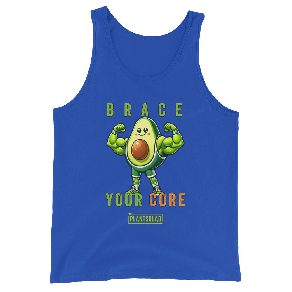 A Plantsquad Avocado "Brace Your Core" - Unisex Tank Top featuring a dynamic avocado cartoon flexing its biceps. The text above the avocado reads "BRACE," and below it reads "YOUR CORE" with "PLANTSQUAD" at the bottom. Perfect for those embracing a plant-based lifestyle and looking for stylish vegan gym wear.