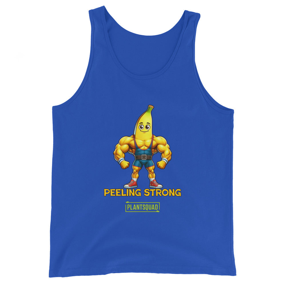 A Plantsquad Banana "Peeling Strong" - Unisex Tank Top features a muscly banana cartoon with a muscular human body, wearing gym clothes and flexing its arms. The text "PEELING STRONG" is written below the image, with "PLANTSQUAD" displayed underneath in a green rectangle, perfect for those embracing a plant-based lifestyle and vegan gym wear.