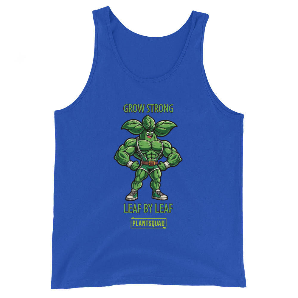 The Plantsquad Basil "Grow Strong Leaf By Leaf" - Unisex Tank Top is crafted from breathable fabric and features an illustration of a muscular green leaf character with clenched fists, wearing a belt and boots. The text above reads "GROW STRONG," and below it says "LEAF BY LEAF" and “PLANTSQUAD.” Perfect for gym enthusiasts embracing the vegan lifestyle.