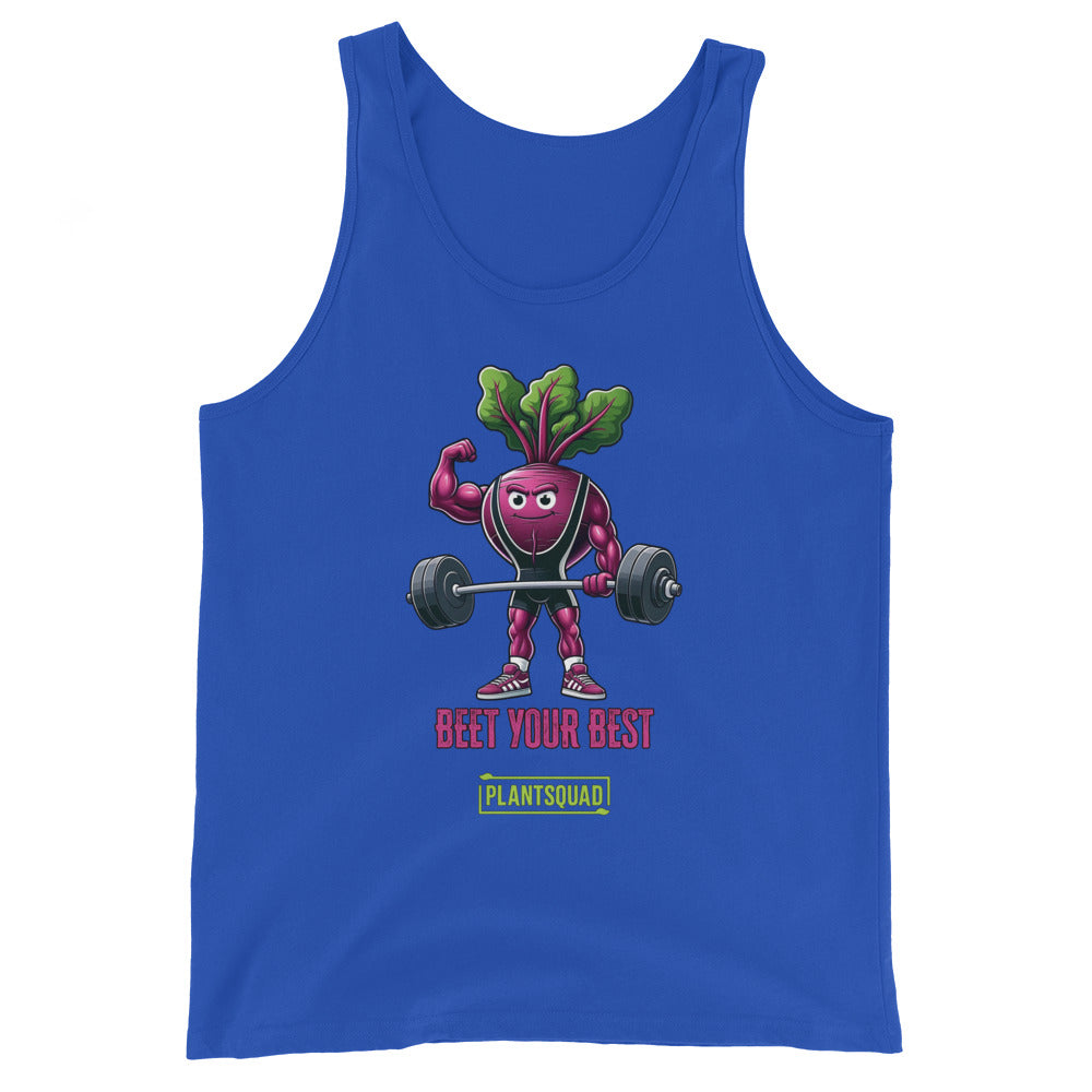 The Plantsquad Beetroot "Beet Your Best" - Unisex Tank Top features an illustration of a muscular beetroot character lifting a barbell. The text below the character reads "BEET YOUR BEST" in red and "PLANTSQUAD" in green. Perfect for gym enthusiasts embracing a plant-based lifestyle.