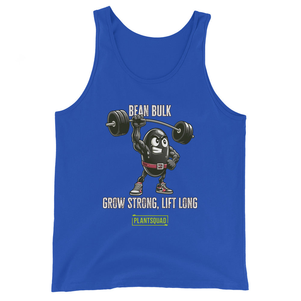 The Plantsquad Black Bean "Bean Bulk Grow Strong Lift Long" - Unisex Tank Top features a cartoon bean character lifting a barbell with the text "BEAN BULK" above and "GROW STRONG, LIFT LONG" below. Perfect for gym enthusiasts embracing a plant-based lifestyle, it has the logo "PLANTSQUAD" in green at the bottom. The bean wears red gloves, a red belt, and red shoes.