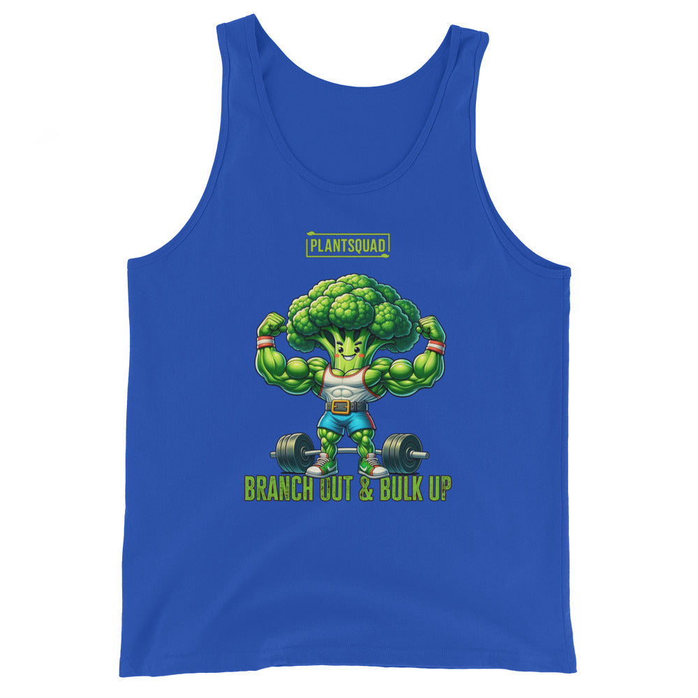 A Plantsquad Broccoli "Branch Out & Bulk Up" - Unisex Tank Top featuring a cartoon broccoli character with muscular arms lifting a barbell. Designed for vegan gym enthusiasts, it has the text "PLANTSQUAD" above the character and "BRANCH OUT & BULK UP?" below, all printed on breathable fabric ideal for your plant-based lifestyle.