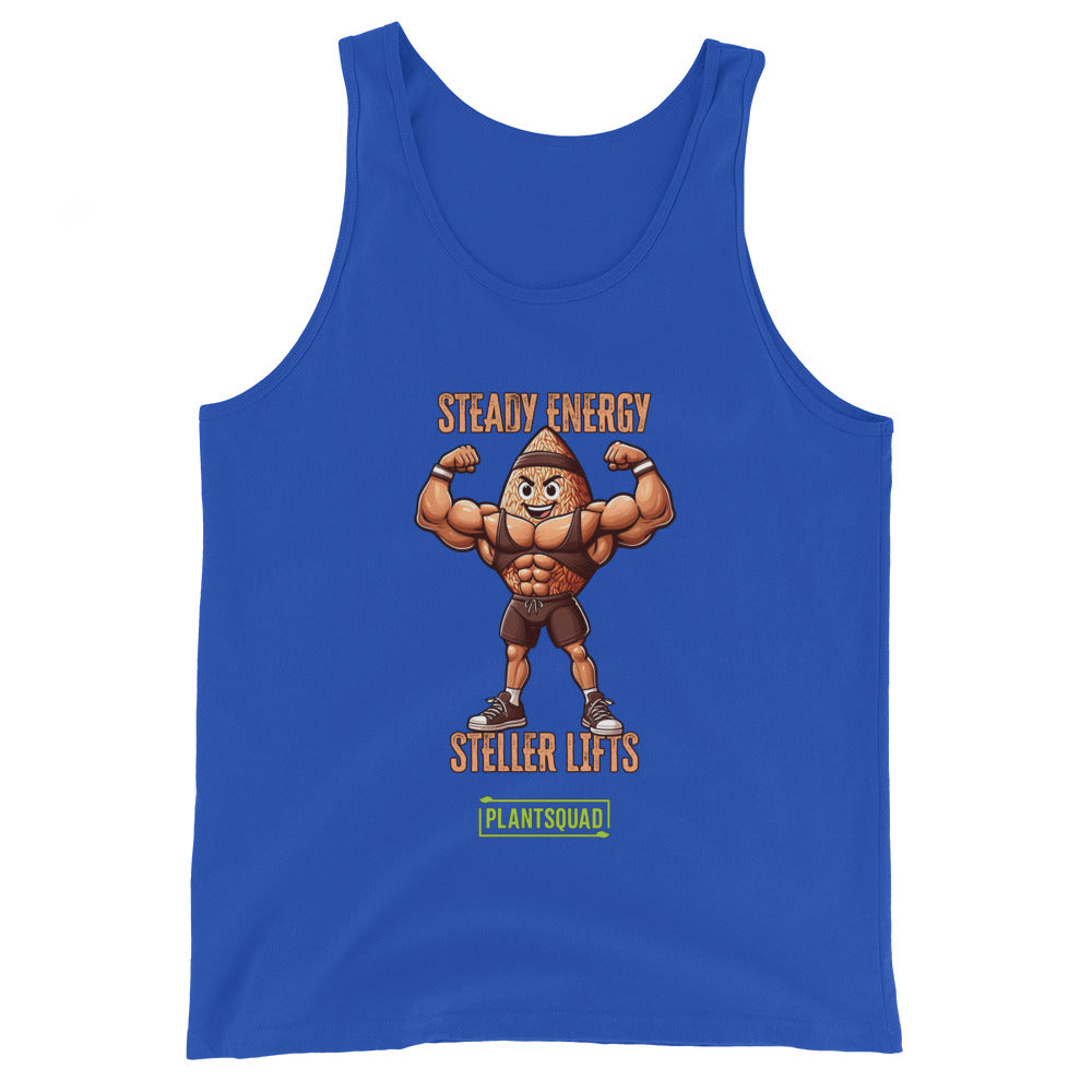 A Plantsquad Brown Rice "Steady Energy Steller Lifts" - Unisex Tank Top featuring a cartoon nut character flexing muscles. Above the character, the text reads "STEADY ENERGY." Below, it says "STELLER LIFTS." At the bottom, there's a green rectangle with the word "PLANTSQUAD," perfect for a plant-based lifestyle.