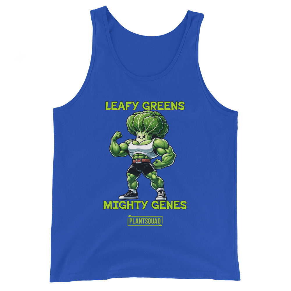 A Plantsquad Cabbage "Leafy Greens Mighty Genes" - Unisex Tank Top featuring a muscular cartoon broccoli character flexing its arms. The text above reads "LEAFY GREENS" and below reads "MIGHTY GENES" with "PLANTSQUAD" in all caps beneath the illustration—a perfect fit for gym enthusiasts embracing a plant-based lifestyle.