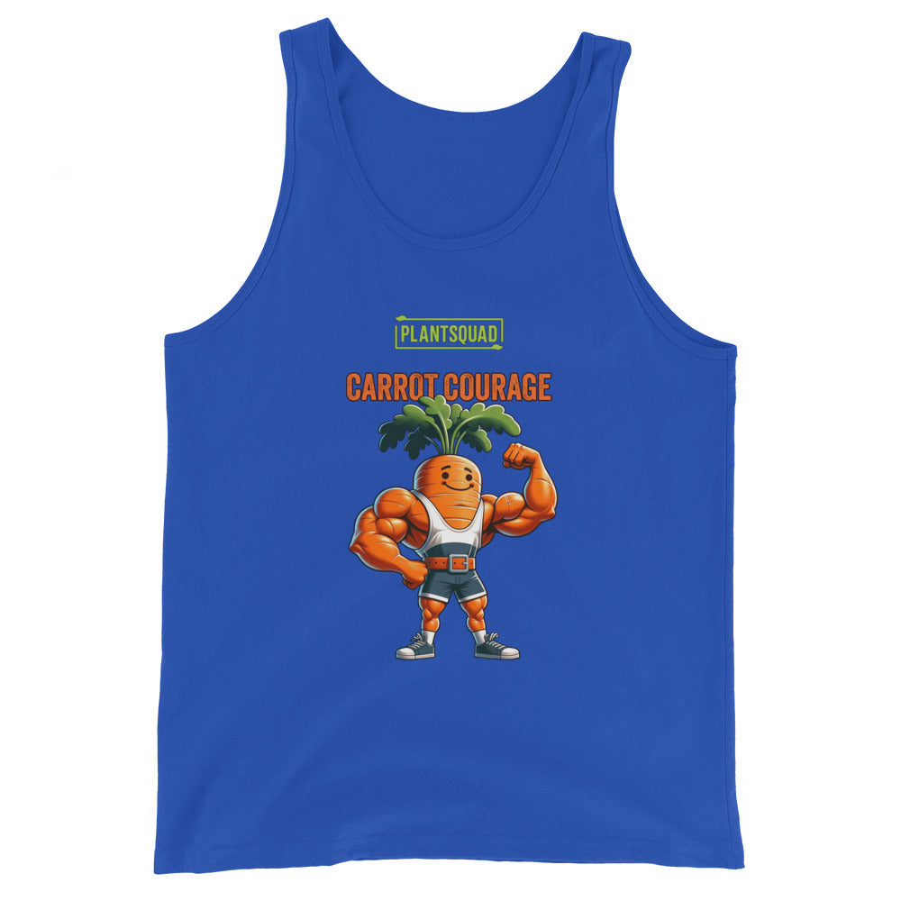 A black tank top featuring a muscular cartoon carrot with leafy green hair flexing its biceps. Above the carrot, “PLANTSQUAD” is written in green text, and below, “CARROT COURAGE” is in orange text. Perfect for gym enthusiasts embracing a vegan lifestyle, it's made from breathable fabric for maximum comfort. Introducing the Plantsquad Carrot "Carrot Courage" - Unisex Tank Top.