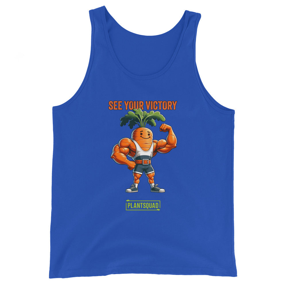 A Plantsquad Carrot "See Your Victory" - Unisex Tank Top featuring an illustration of a muscular carrot character flexing its arms, with leafy green hair. Above the character, it says "SEE YOUR VICTORY" in orange text, and below it, "PLANTSQUAD" is written in green text. Perfect for those embracing a plant-based lifestyle.