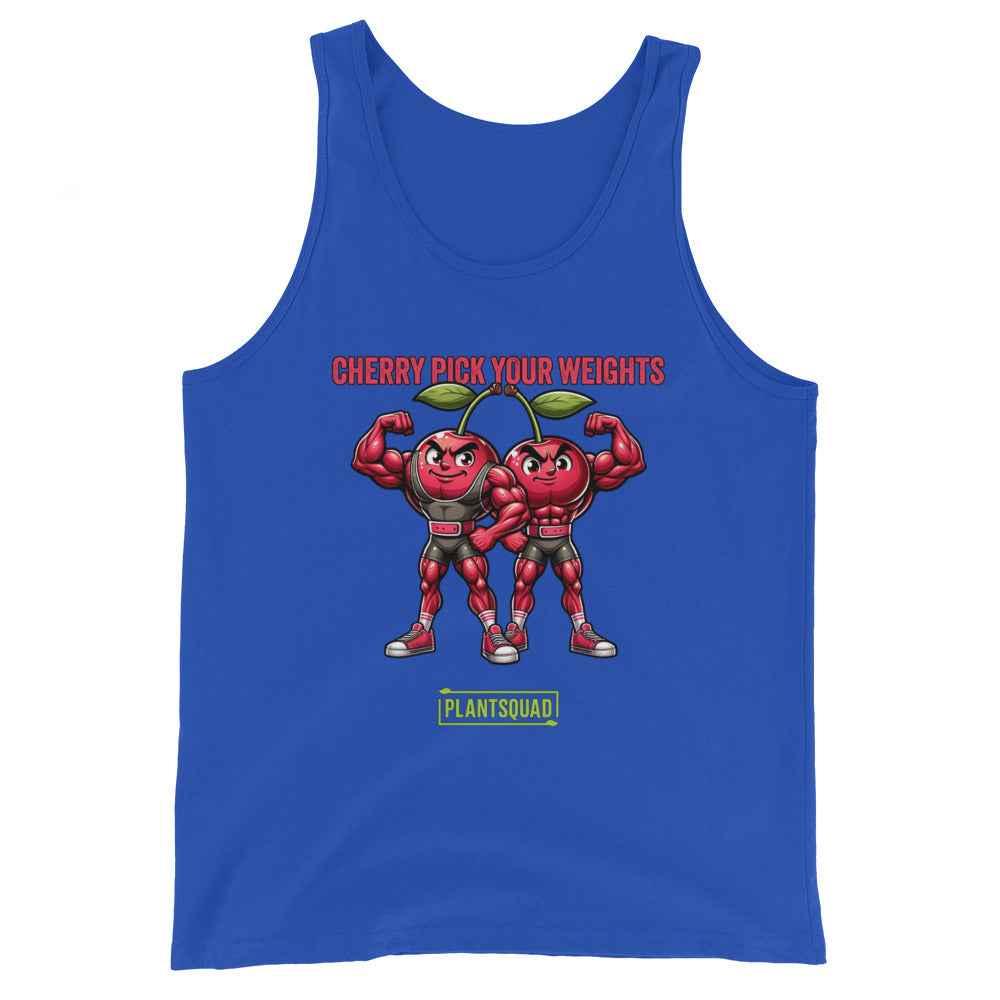 A black workout tank top featuring two muscular cartoon cherries flexing their biceps. Above them, red text reads "CHERRY PICK YOUR WEIGHTS," and below them, green text on a white background proudly states "Plantsquad." Perfect for vegans dedicated to fitness, this is the Plantsquad Cherries "Cherry Pick Your Weights" - Unisex Tank Top.