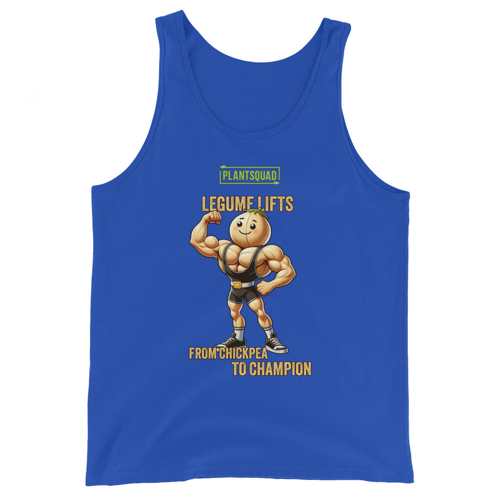 A Plantsquad Chickpea "Legume Lifts" - Unisex Tank Top with a cartoon image of a muscular chickpea flexing its biceps. The text above reads "PLANTSQUAD," and below the image, "LEGUME LIFTS - FROM CHICKPEA TO CHAMPION." Perfect for gym enthusiasts embracing the vegan lifestyle.