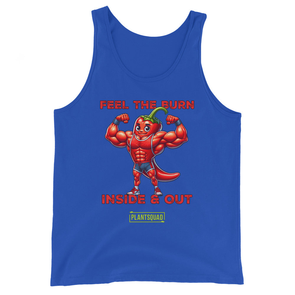 A black vegan tank top featuring a cartoon image of a muscular chili pepper flexing its biceps. The text above the image reads "FEEL THE BURN," and below it, "INSIDE & OUT." Crafted from premium breathable fabric, this Plantsquad Chilli "Feel The Burn Inside & Out" - Unisex Tank Top displays “PLANTSQUAD” at the bottom, perfect for showcasing your workout potential.