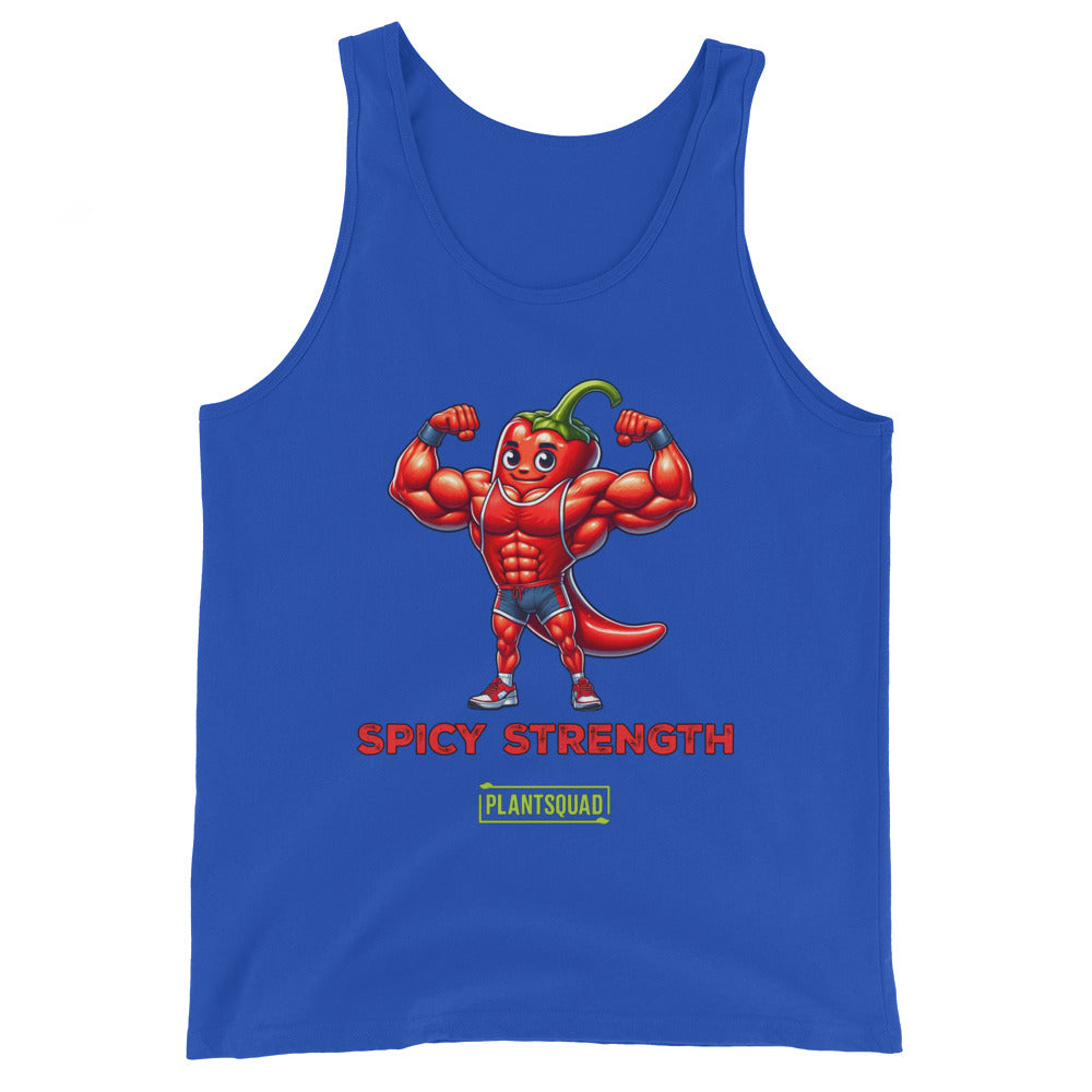 A black Plantsquad Chilli "Spicy Strength" - Unisex Tank Top featuring a muscular cartoon chili pepper flexing its biceps. Beneath the pepper, the text reads "SPICY STRENGTH" in red, with a green label below it that says "PLANTSQUAD." Ideal for gym enthusiasts and those embracing a plant-based lifestyle.