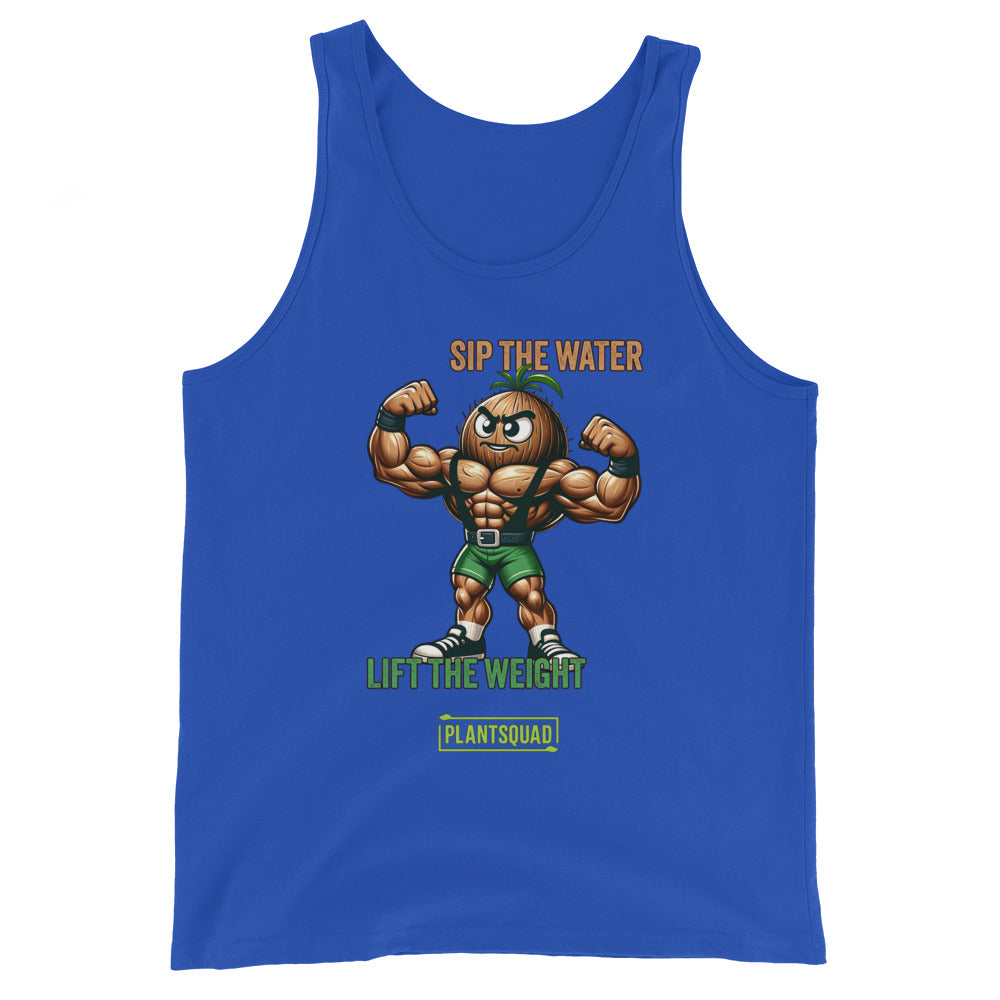 A black Plantsquad Coconut "Sip The Water Lift The Weight" - Unisex Tank Top featuring a muscular cartoon broccoli flexing its biceps. It has the text "SIP THE WATER" in orange, "LIFT THE WEIGHT" in green, and "PLANTSQUAD" in a green box at the bottom. Perfect for gym enthusiasts embracing a plant-based lifestyle.