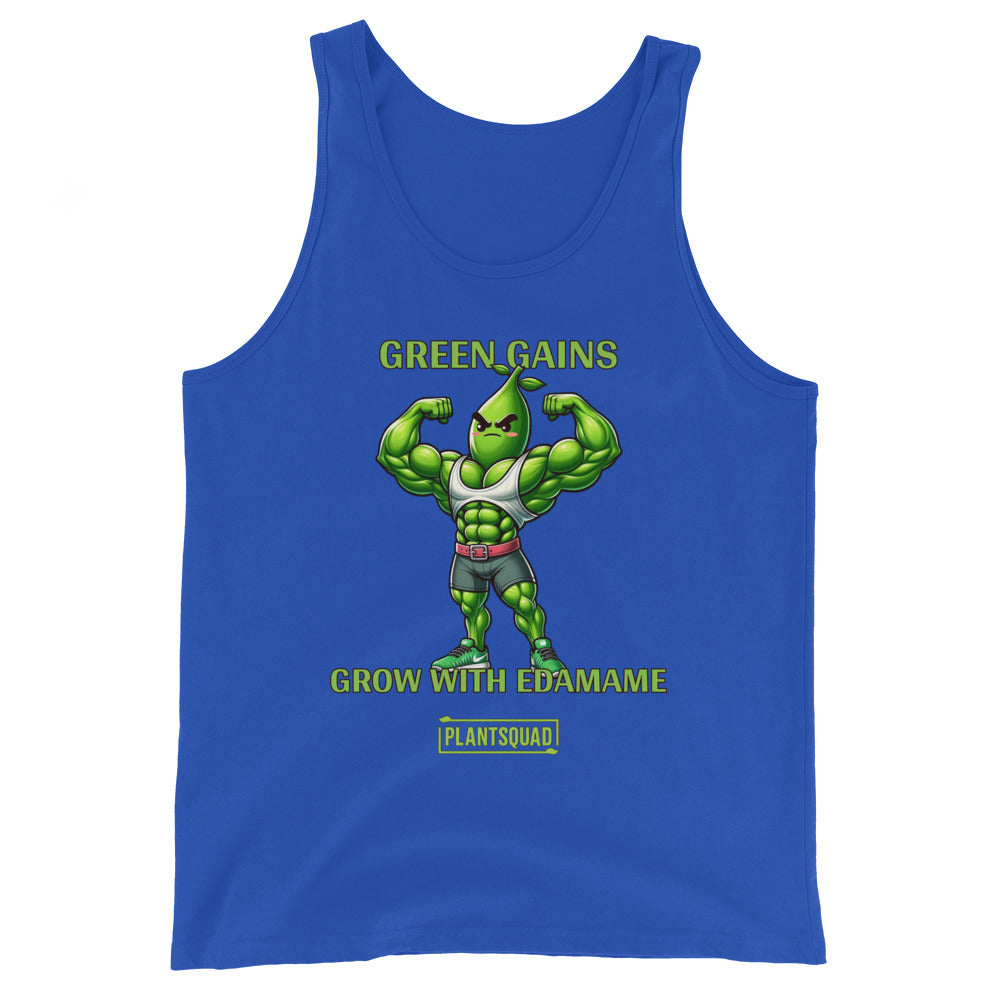 A black tank top showcases a muscly edamame bean character flexing, with the text "GREEN GAINS GROW WITH EDAMAME" above and below it, perfect for those embracing a plant-based lifestyle. Plantsquad Edamame "Green Gains Grow With Edamame" - Unisex Tank Top is marked at the bottom on a yellow tag.