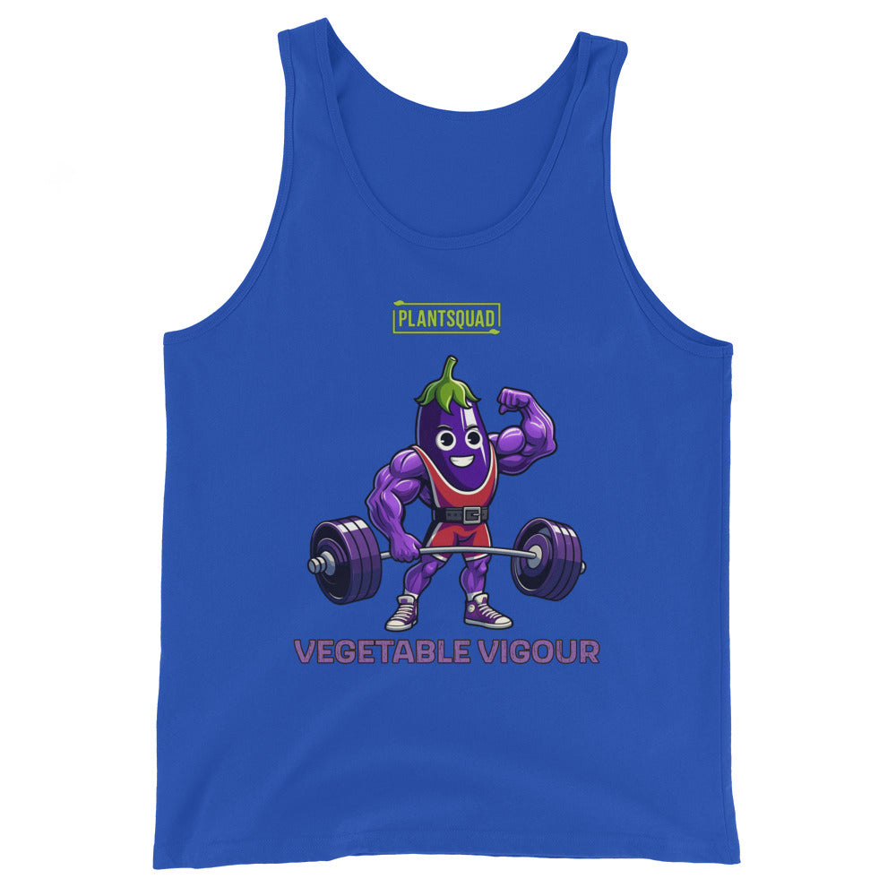 Black vegan tank top featuring a muscular, purple cartoon eggplant character lifting heavy barbells. The eggplant is smiling and flexing one arm. Perfect for gym enthusiasts with a plant-based lifestyle, this top has "PLANT SQUAD" above the character and "VEGETABLE VIGOUR" below in bold text. Introducing the Plantsquad Eggplant "Vegetable Vigour" - Unisex Tank Top.