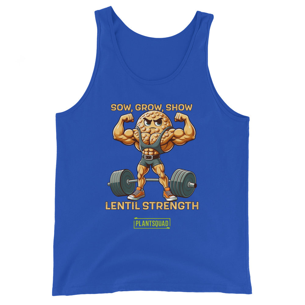 A black Plantsquad Lentil "Sow Grow Show Lentil Strength" - Unisex Tank Top featuring a cartoon lentil character with muscular arms lifting a barbell. The text above reads "Sow, Grow, Show" and below, "Lentil Strength." At the bottom, there's a green PLANTSQUAD logo. Perfect for those embracing a vegan lifestyle.