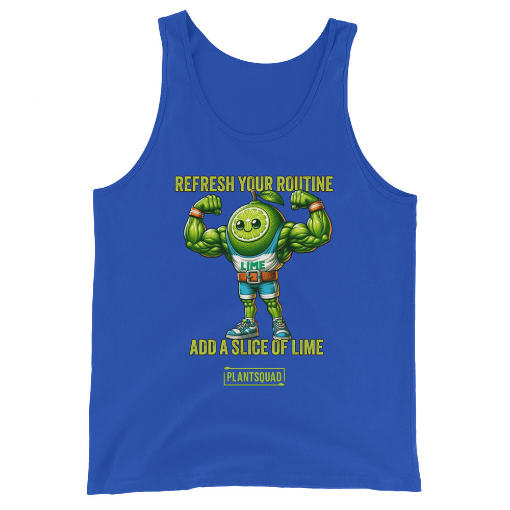 A Plantsquad Lime "Refresh Your Routine Add A Slice Of Lime" - Unisex Tank Top featuring an illustration of a muscular lime in an athletic outfit. The lime character is flexing its arms and smiling. Above the lime, text reads "REFRESH YOUR ROUTINE," and below, it says "ADD A SLICE OF LIME" with "PLANT SQUAD" at the bottom. Perfect for a vegan lifestyle!