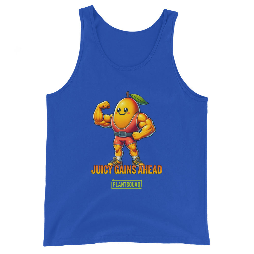 A black tank top crafted from breathable fabric, featuring a muscular, anthropomorphized mango with a leaf on its head, flexing its biceps. Below the mango, the text reads "JUICY GAINS AHEAD" in bold orange letters, with "PLANTSQUAD" written within a green box underneath—perfect for gym enthusiasts living a plant-based lifestyle. This is the Plantsquad Mango "Juicy Gains Ahead" - Unisex Tank Top.