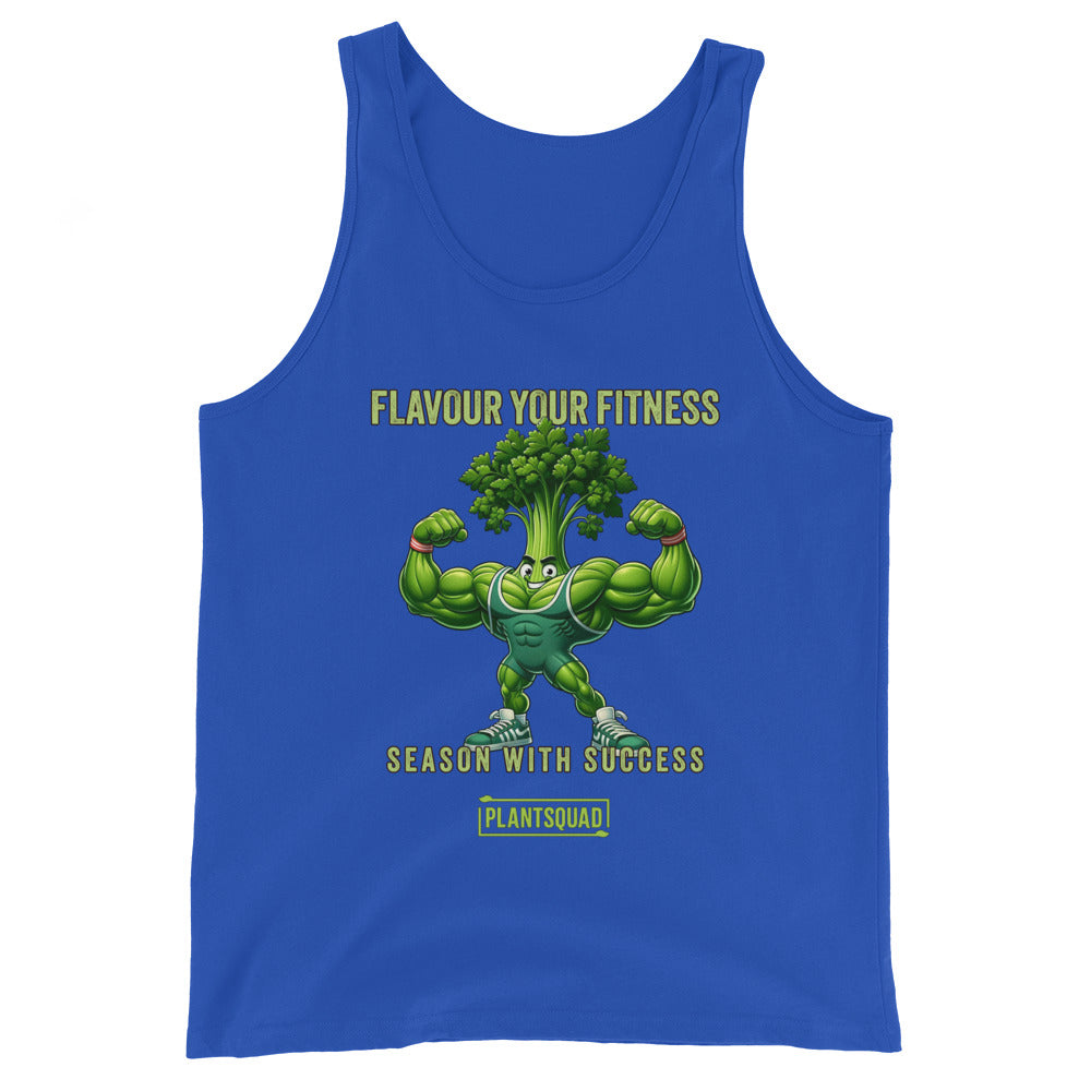 A black Plantsquad Parsley "Flavour Your Fitness Season With Success" - Unisex Tank Top featuring a cartoon image of a muscular broccoli flexing its arms. Above the broccoli, the text reads "FLAVOUR YOUR FITNESS" and below, it states "SEASON WITH SUCCESS." At the bottom, the text "PLANTSQUAD" is displayed. Perfect for your plant-based lifestyle or vegan gym wear collection.