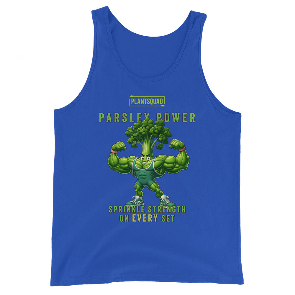 A black tank top features an illustration of a muscular anthropomorphic parsley plant flexing its biceps. Above the character, text reads "PLANTSQUAD PARSLEY POWER," and below it, the text says "SPRINKLE STRENGTH ON EVERY SET." Perfect for gym enthusiasts embracing a plant-based lifestyle, the Plantsquad Parsley "Parsley Power Sprinkle Strength On Every Set" - Unisex Tank Top is a must-have.