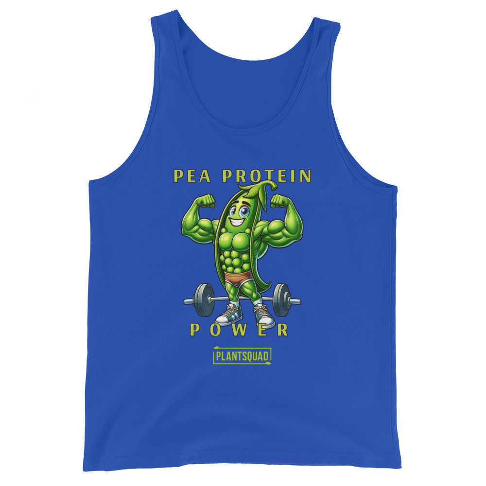 A black vegan workout tank, the Plantsquad Peas "Pea Protein Power" - Unisex Tank Top, features a muscular, anthropomorphic green pea flexing its biceps with a barbell on the ground behind it. Text above reads "Pea Protein Power" and below, "PlantSquad." The design promotes plant-based fitness.