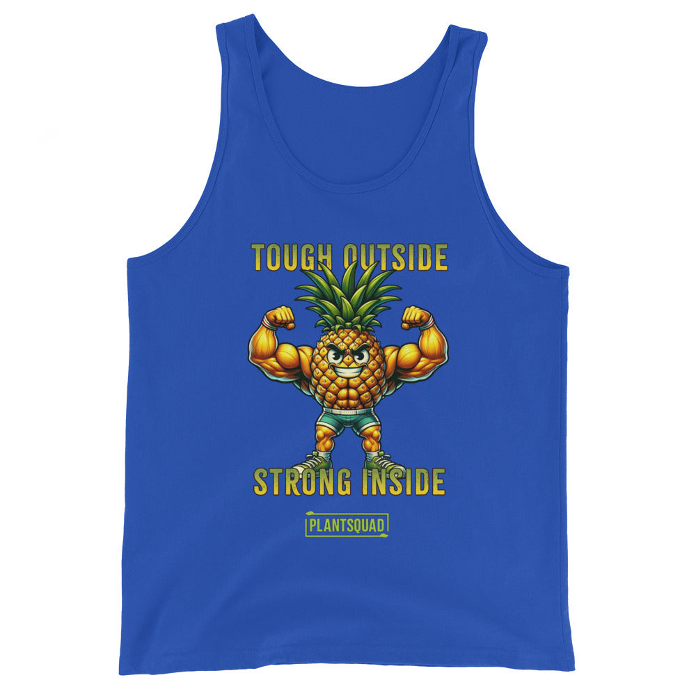 A black gym tank top features a muscular cartoon pineapple flexing its biceps and wearing a confident expression. Above the pineapple, the text reads "TOUGH OUTSIDE," and below it, "STRONG INSIDE." The bottom text says "PLANTSQUAD" enclosed within a green box. Perfect for a plant-based lifestyle! This is the Plantsquad Pineapple "Tough Outside Strong Inside" - Unisex Tank Top.