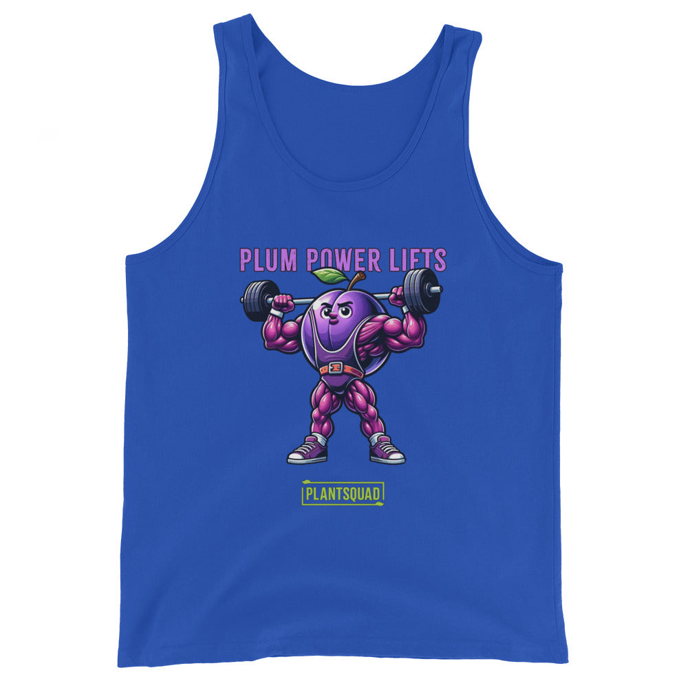 A black Plantsquad Plum "Plum Power Lifts" - Unisex Tank Top featuring a muscular cartoon plum lifting barbells. The text "PLUM POWER LIFTS" is displayed above the plum, and "PLANTSQUAD" is written at the bottom in green and white. Perfect for gym enthusiasts embracing a vegan lifestyle.