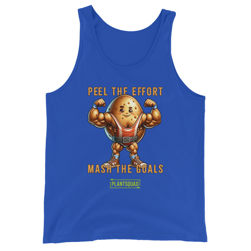 A Plantsquad Potato "Peel The Effort Mash The Goals" - Unisex Tank Top with a graphic of a muscly potato cartoon sporting muscular arms, wearing a belt, and flexing. Text reads "Peel the Effort" above and "Mash the Goals" below. A small "PlantSquad" logo is at the bottom. Perfect as plant-based gym apparel for your vegan workout routine.