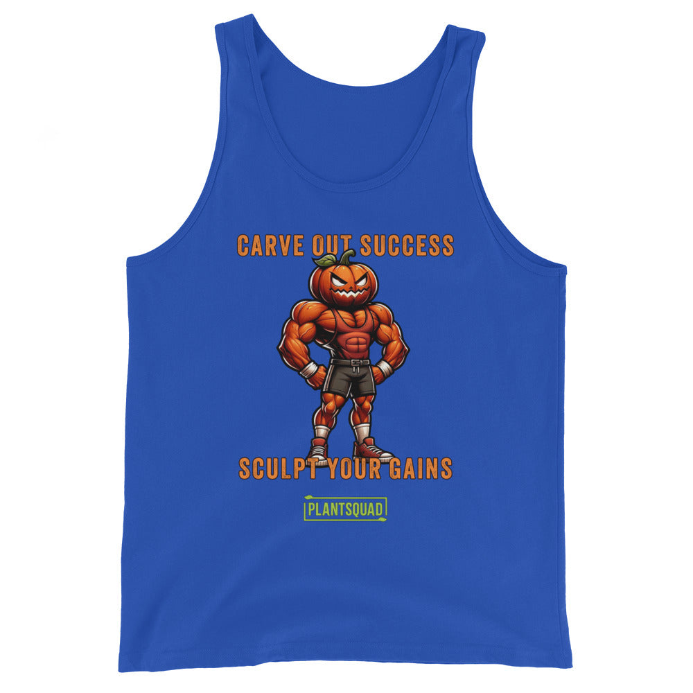 The Plantsquad Pumpkin "Carve Out Your Success Sculpt Your Gains" - Unisex Tank Top is a black vegan tank top featuring a muscular, anthropomorphic pumpkin lifting weights. Above the pumpkin, text reads "Carve Out Success." Below, text reads "Sculpt Your Gains." At the bottom is a green rectangular logo with the inscription "Plantsquad." Perfect for your next workout session.